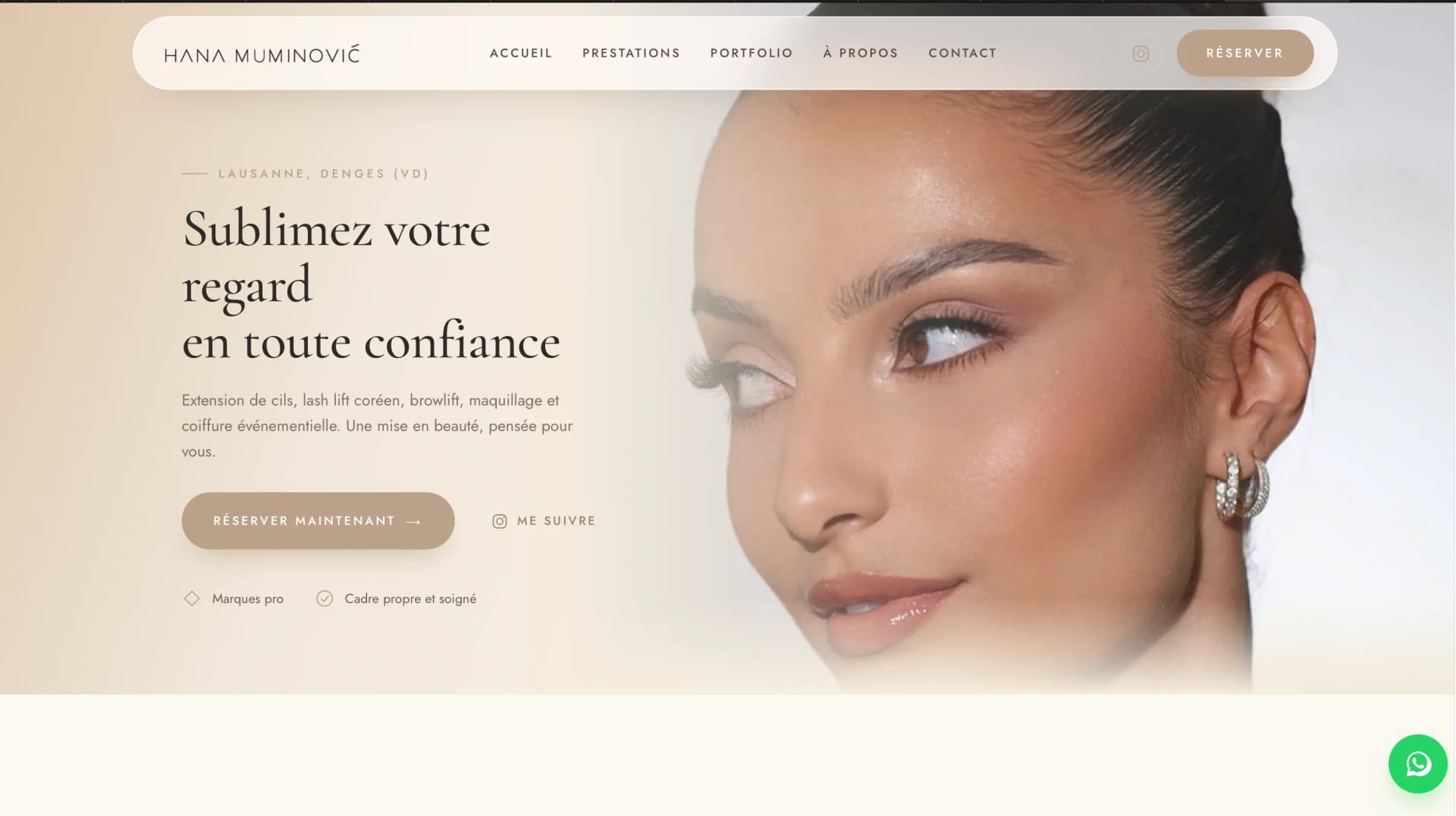 Page d'accueil du site Hana Muminović — studio beauté à Lausanne et Denges