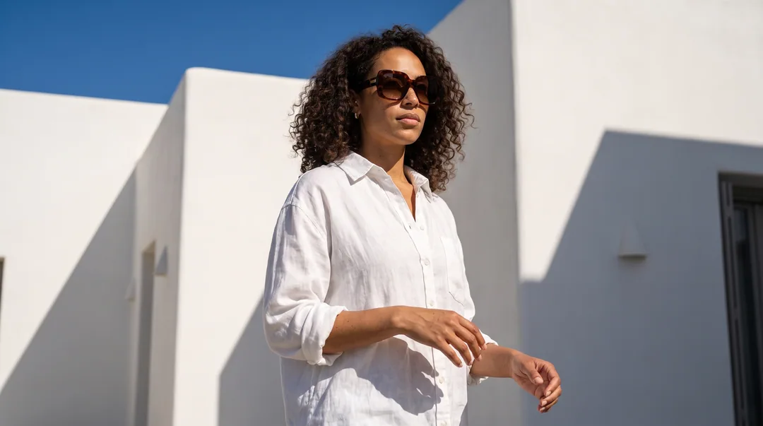 Wearing Ligne 01 outdoors in bright architecture