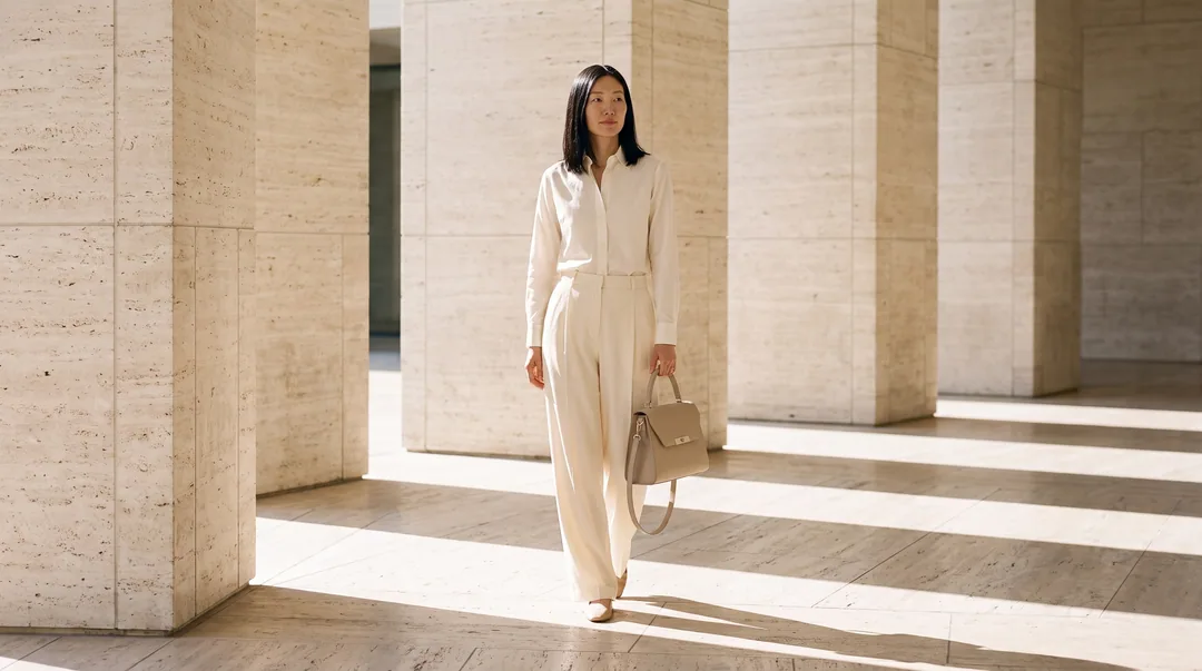 A woman walking through a travertine colonnade with Séra